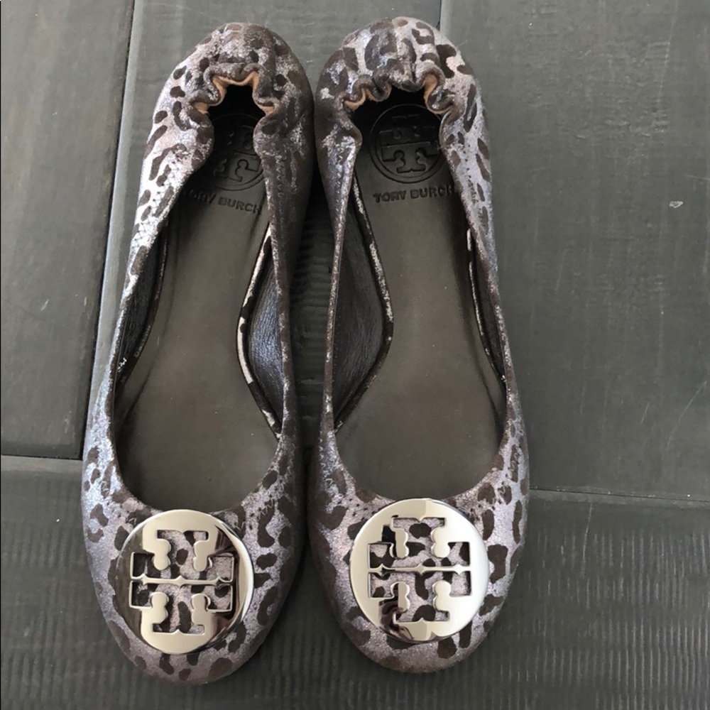 Tory Burch Reva Leather Metallic Leopard Flats